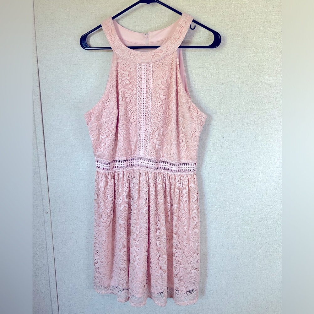 By & By Peach Dress with Lace Overlay
